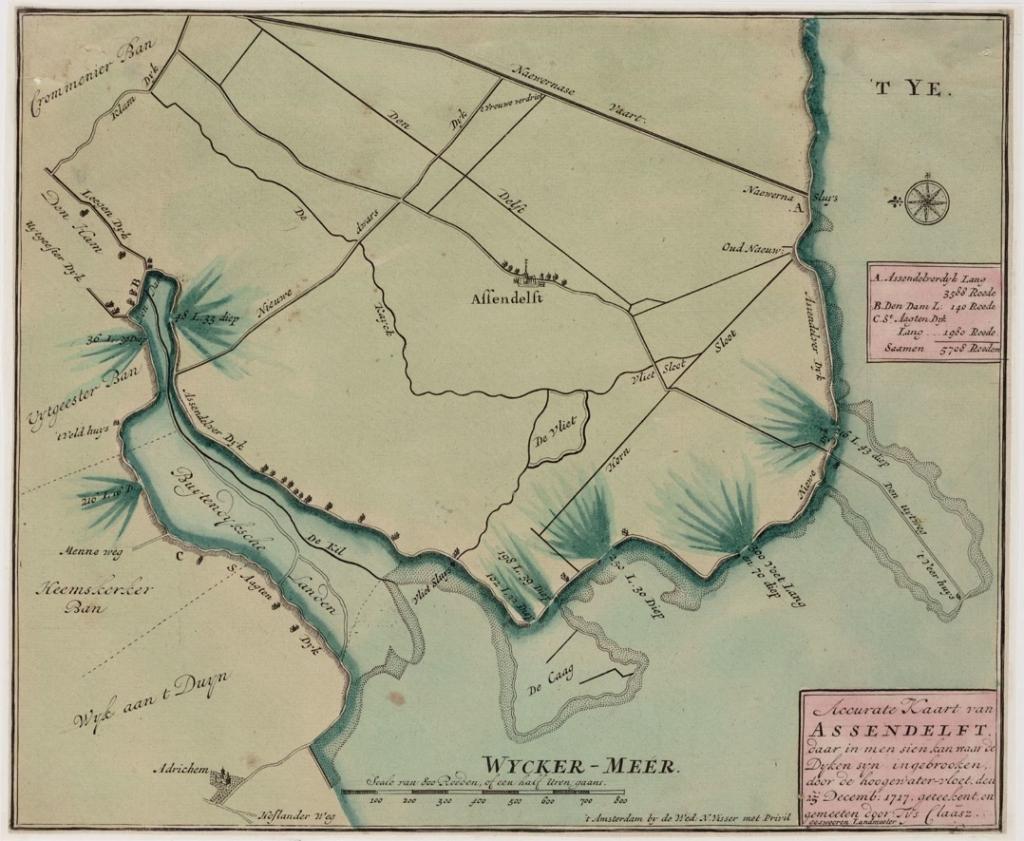 Doorbraken in de Sint Aagtendijk en Assendelverzeedijk in 1717 (noorden links)
